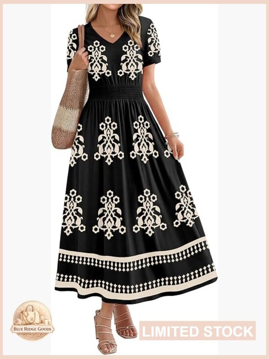 Dresses & Skirts - V Neck Maxi Dress Smocked Waist A Line Flowy Midi Boho Casual Summer